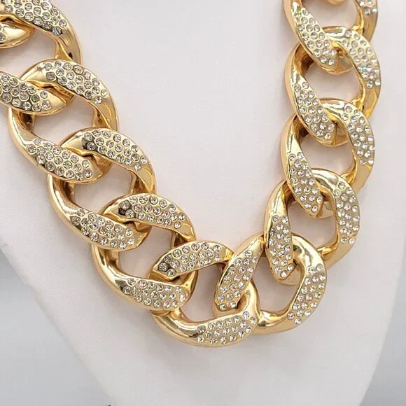Gold Tone Linking Chain Rhinestone Studded Bib Necklace Collar Length Chunky - Picture 5 of 8